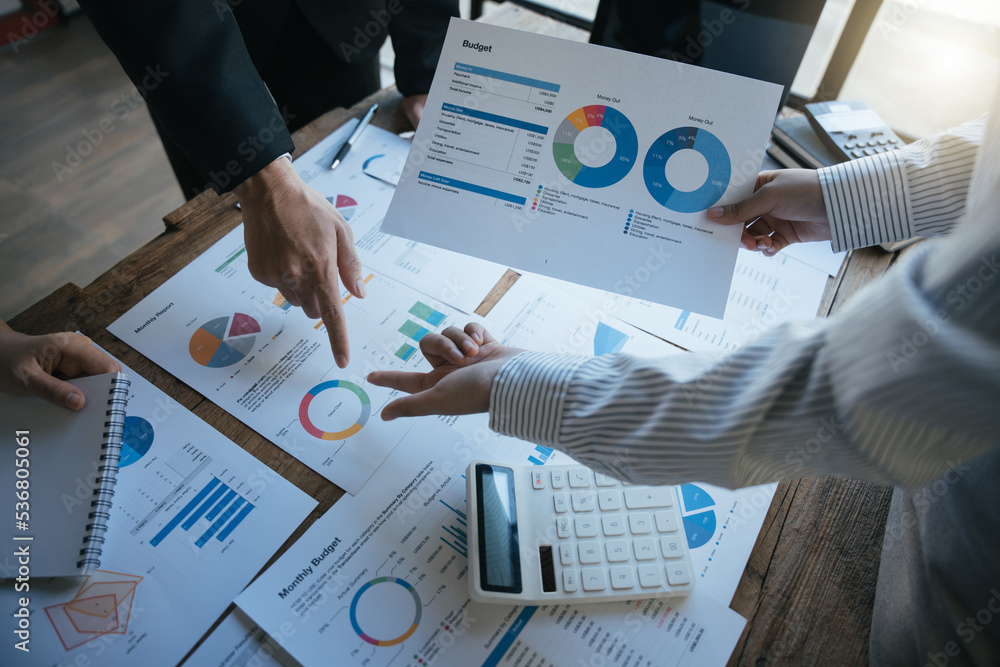 group of employees analyzing financial performance, focus at monthly budget, Charts of financial ins