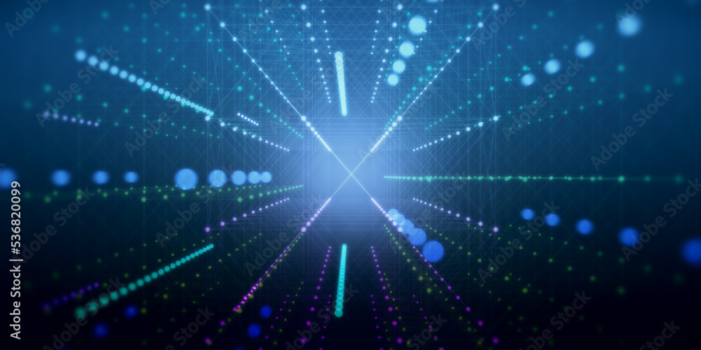 Abstract digital graphic wallpaper with disco style situated glowing dots and lines. 3D rendering