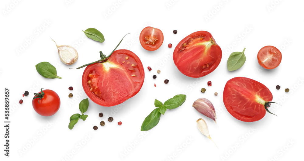 Composition with fresh tomatoes and spices on white background