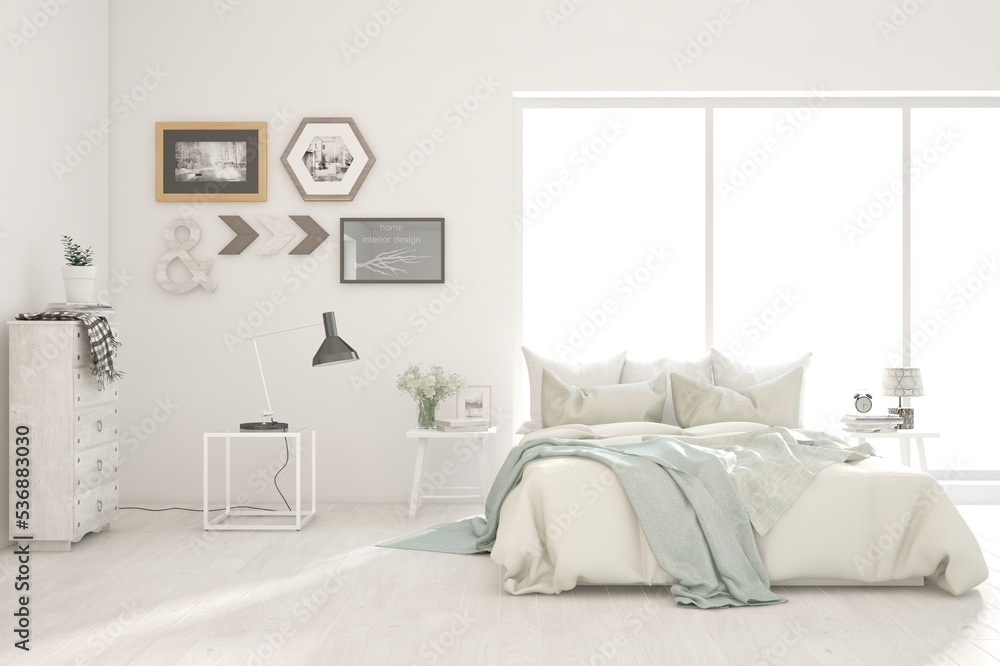 White stylish minimalist bedroom. Scandinavian interior design. 3D illustration