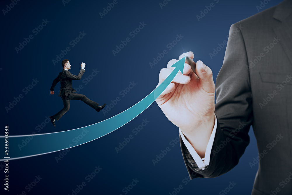 Abstract image of growing upward success arrow and businessmen on blue backdrop. Personal growth, ca