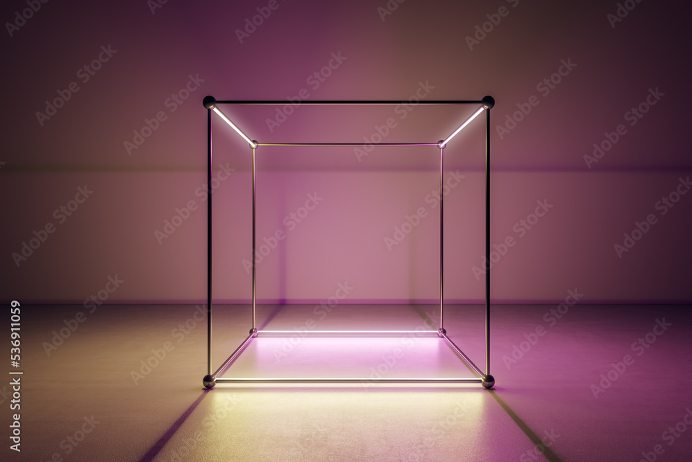 Blank gradient purple wall background with place for your logo or text through metallic cube on gold