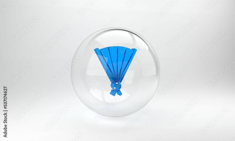 Blue Traditional paper chinese or japanese folding fan icon isolated on grey background. Glass circl