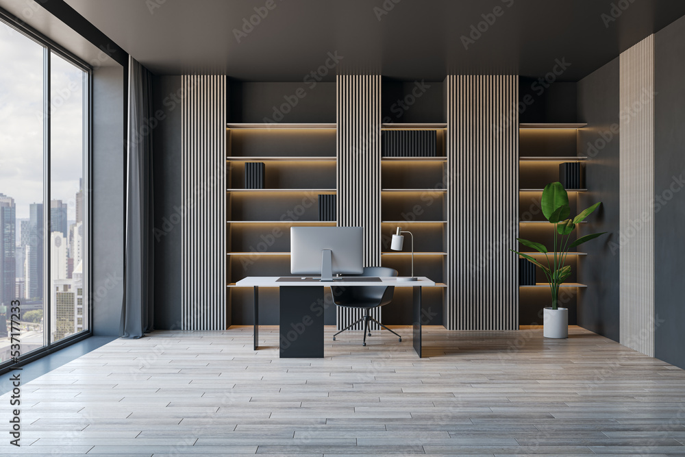 Modern concrete and wooden stylish designer office interior with panoramic city view, furniture, com