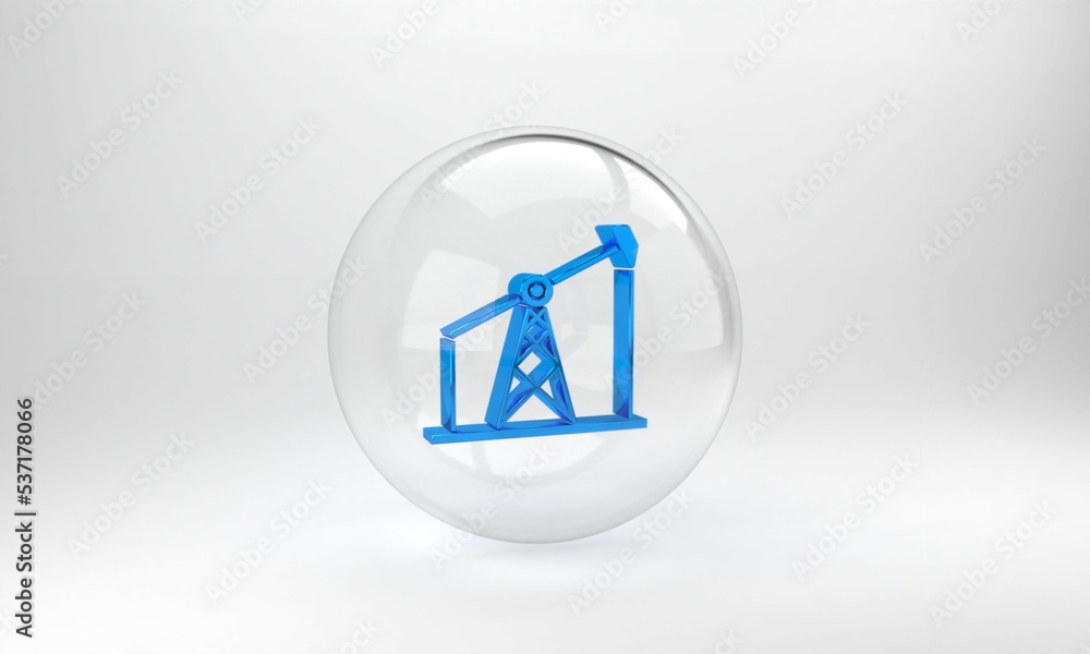 Blue Oil pump or pump jack icon isolated on grey background. Oil rig. Glass circle button. 3D render