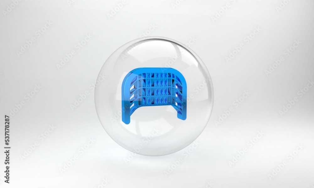 Blue Ice hockey goal with net for goalkeeper icon isolated on grey background. Glass circle button. 