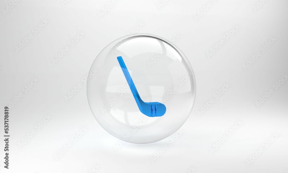 Blue Ice hockey sticks icon isolated on grey background. Glass circle button. 3D render illustration