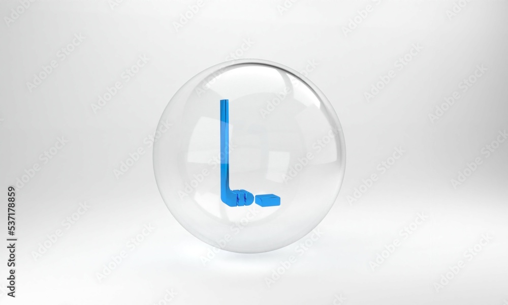 Blue Ice hockey stick and puck icon isolated on grey background. Glass circle button. 3D render illu