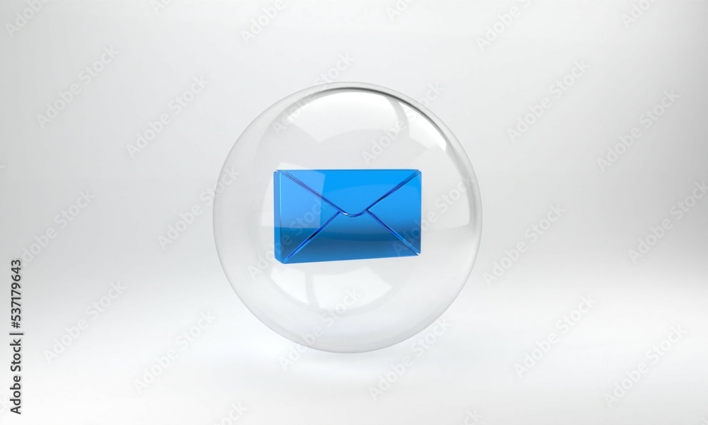 Blue Envelope icon isolated on grey background. Email message letter symbol. Glass circle button. 3D