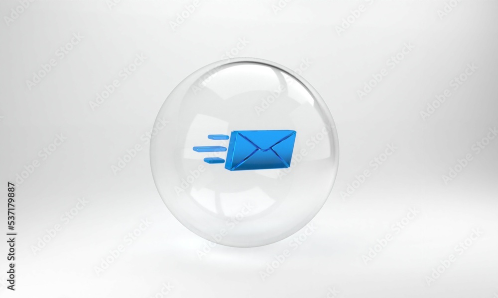 Blue Express envelope icon isolated on grey background. Email message letter symbol. Glass circle bu