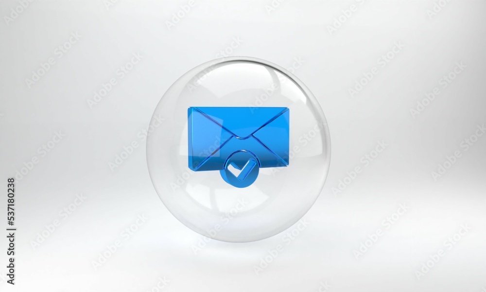 Blue Envelope and check mark icon isolated on grey background. Successful e-mail delivery, email del