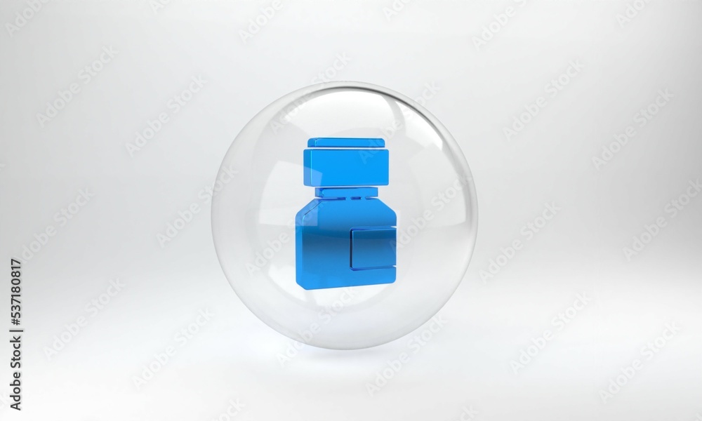 Blue Paint, gouache, jar, dye icon isolated on grey background. Glass circle button. 3D render illus