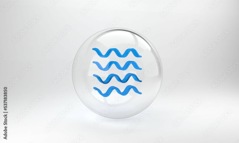 Blue Wave icon isolated on grey background. Glass circle button. 3D render illustration