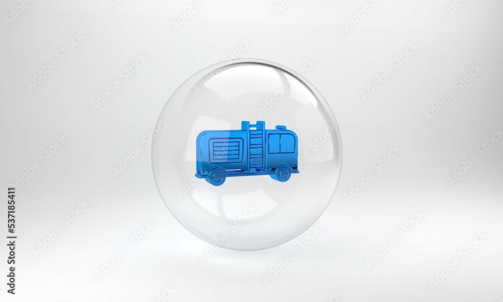 Blue Fire truck icon isolated on grey background. Fire engine. Firefighters emergency vehicle. Glass