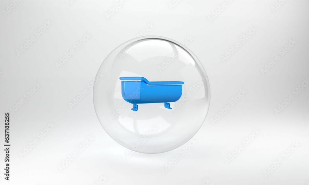 Blue Bathtub icon isolated on grey background. Glass circle button. 3D render illustration