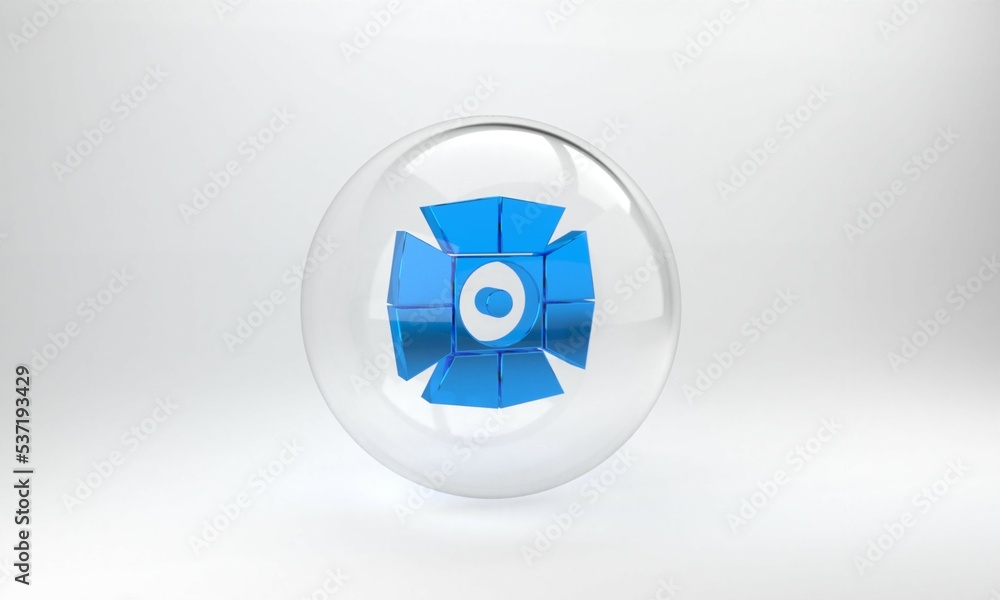 Blue Movie spotlight icon isolated on grey background. Light Effect. Scene, Studio, Show. Glass circ