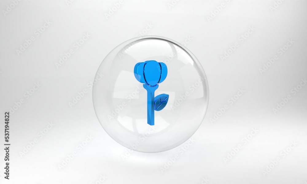 Blue Flower tulip icon isolated on grey background. Glass circle button. 3D render illustration