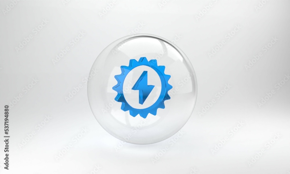 Blue Solar energy panel icon isolated on grey background. Sun with lightning symbol. Glass circle bu