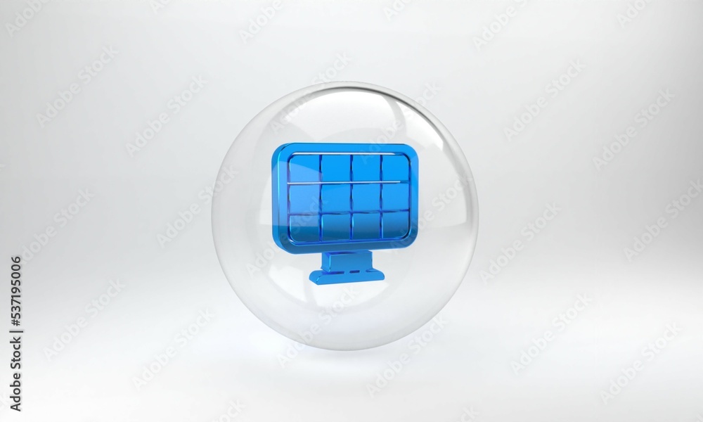 Blue Solar energy panel icon isolated on grey background. Glass circle button. 3D render illustratio