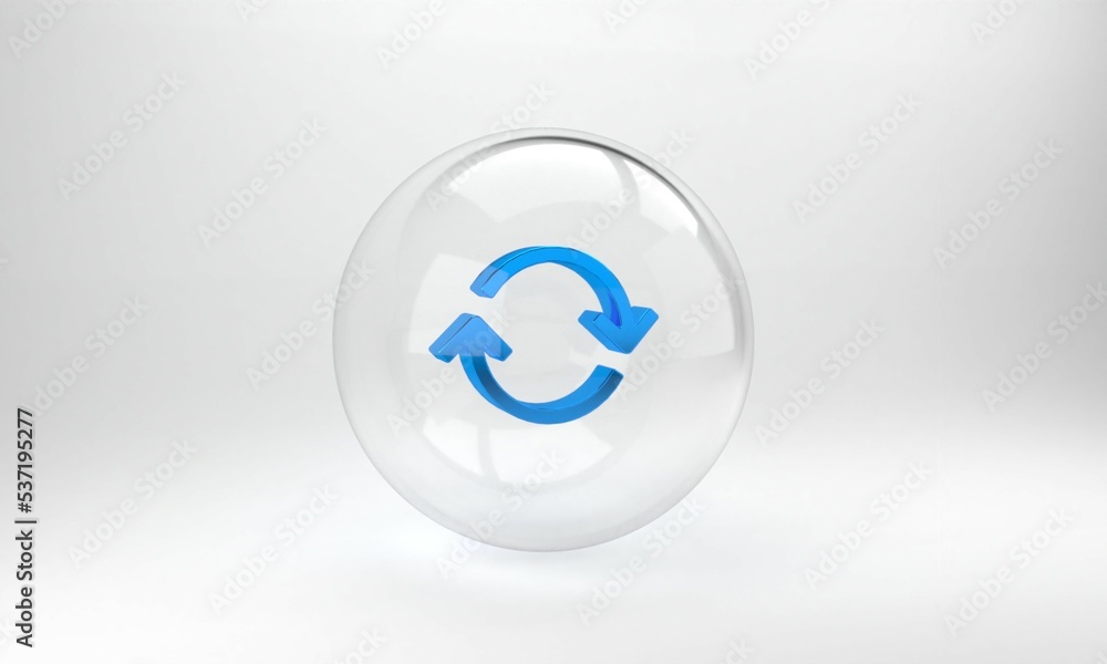 Blue Refresh icon isolated on grey background. Reload symbol. Rotation arrows in a circle sign. Glas