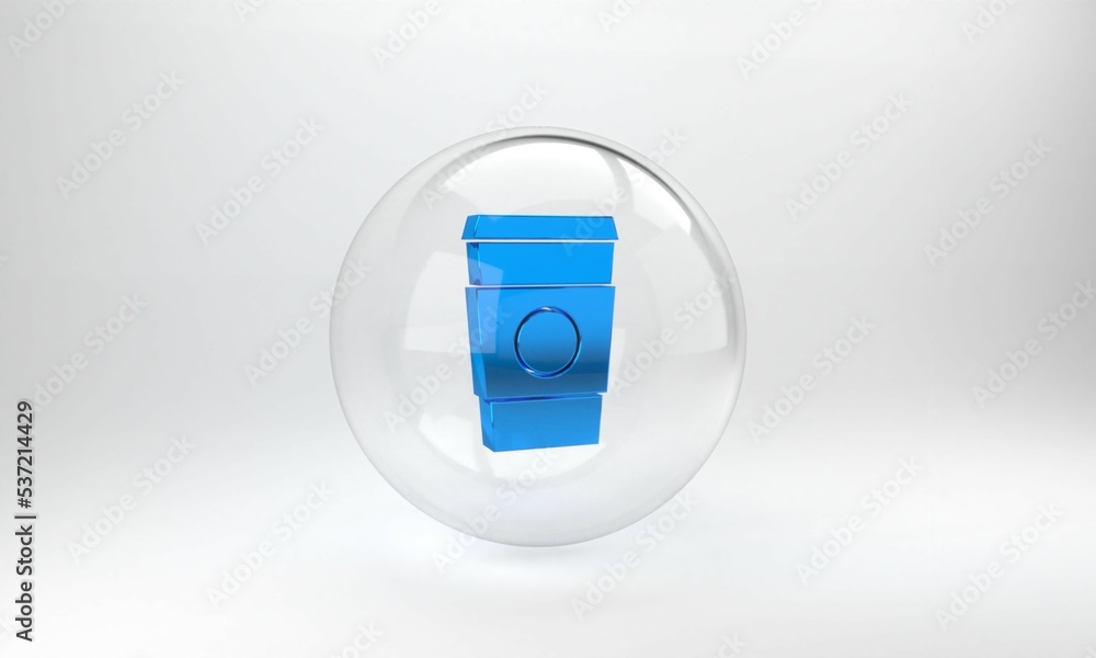 Blue Coffee cup to go icon isolated on grey background. Glass circle button. 3D render illustration