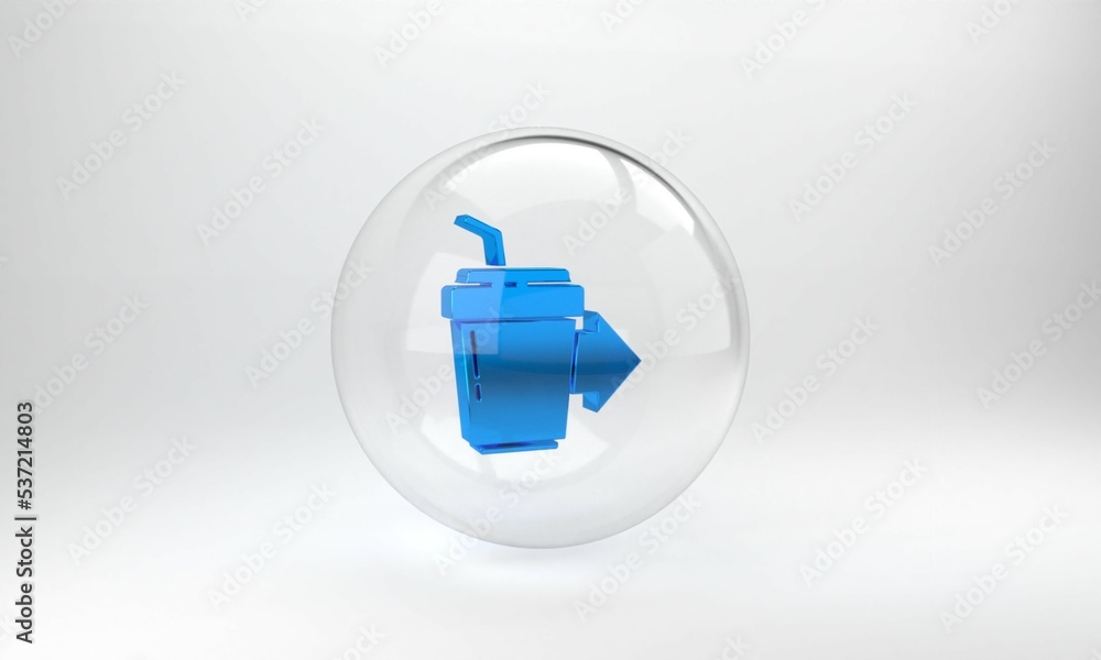 Blue Coffee cup to go icon isolated on grey background. Glass circle button. 3D render illustration