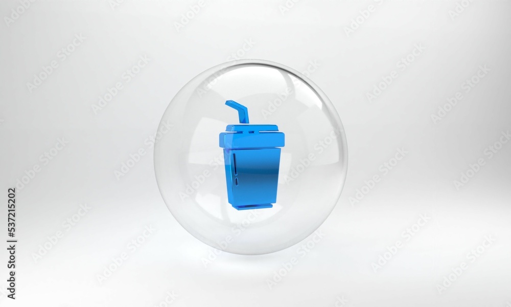 Blue Coffee cup to go icon isolated on grey background. Glass circle button. 3D render illustration