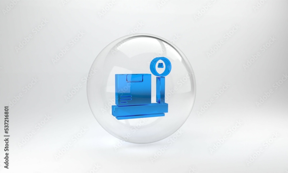 Blue Scale with cardboard box icon isolated on grey background. Logistic and delivery. Weight of del