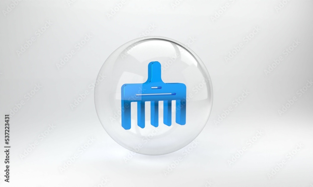 Blue Hairbrush icon isolated on grey background. Comb hair sign. Barber symbol. Glass circle button.