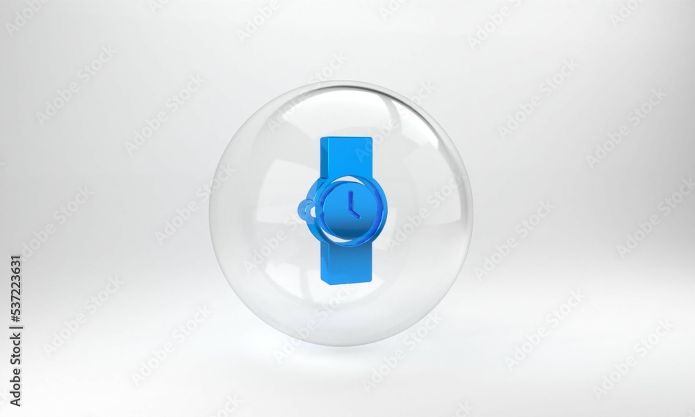 Blue Wrist watch icon isolated on grey background. Wristwatch icon. Glass circle button. 3D render i