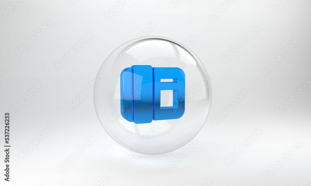 Blue Telephone handset icon isolated on grey background. Phone sign. Glass circle button. 3D render 