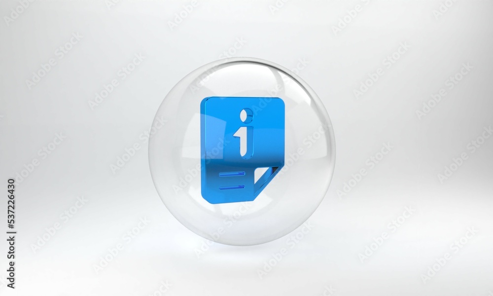 Blue Information icon isolated on grey background. Glass circle button. 3D render illustration