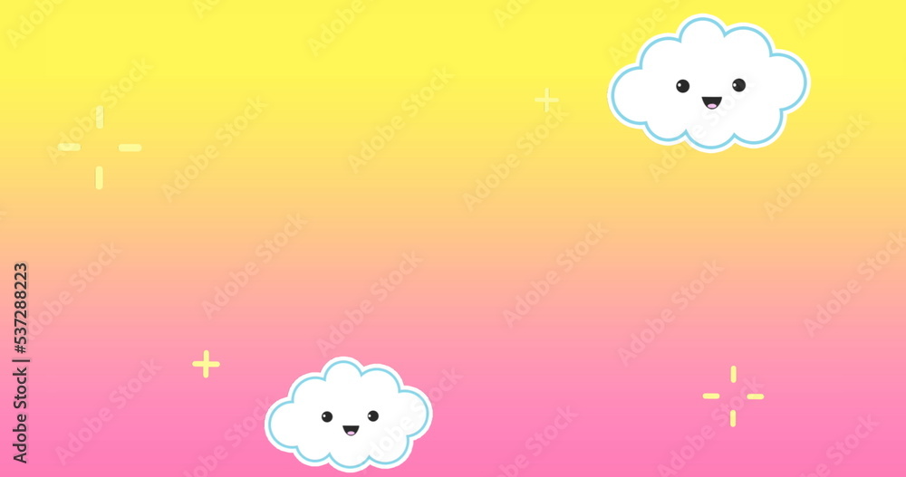 Image of happy clouds on yellow and pink background