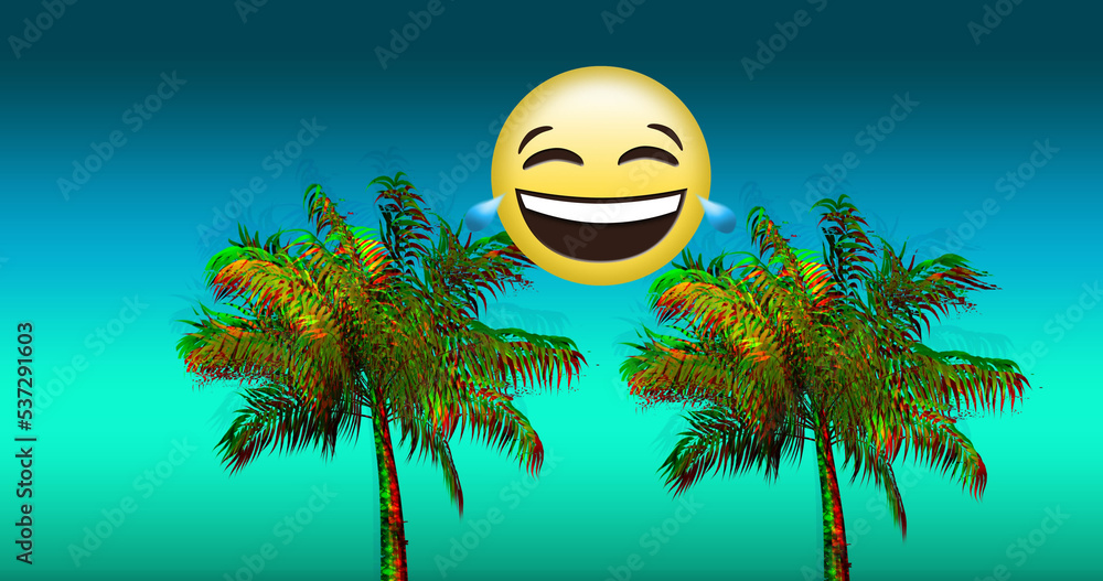 Image of happy emoticon over 3d palm trees on blue and green background