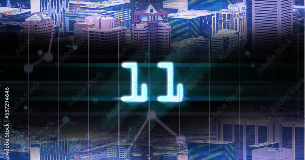 Image of glowing blue digital number eleven in countdown over cityscape background