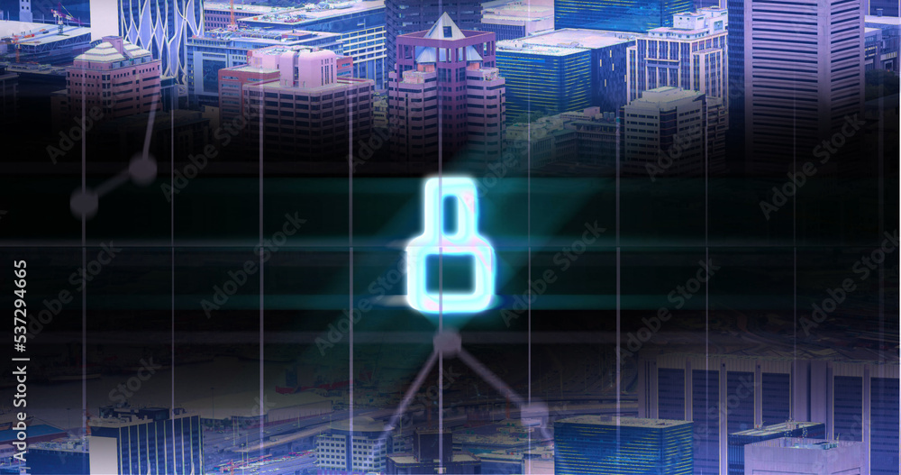 Image of glowing blue digital number eight in countdown over cityscape background