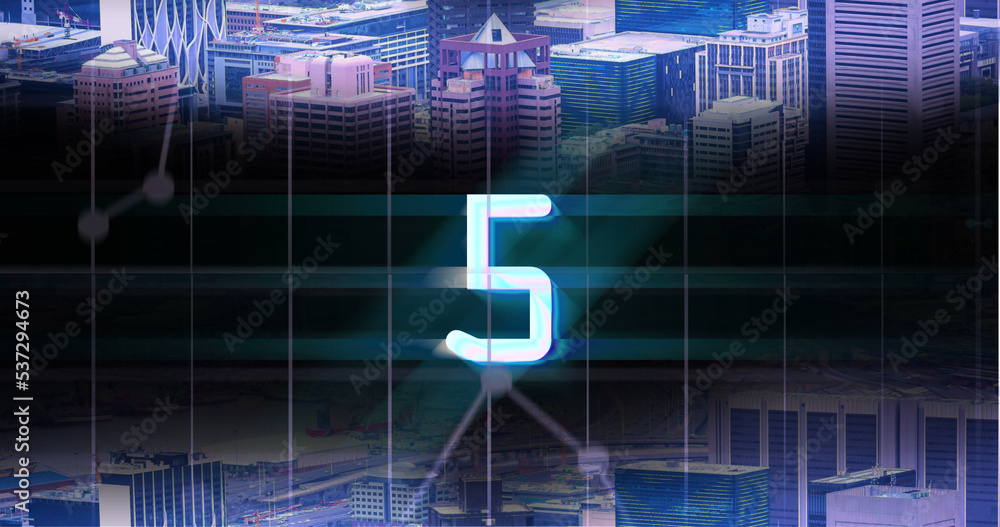 Image of glowing blue digital number five in countdown over cityscape background