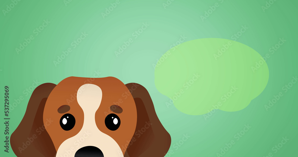 Illustration of brown dog and through bubble against green background, copy space