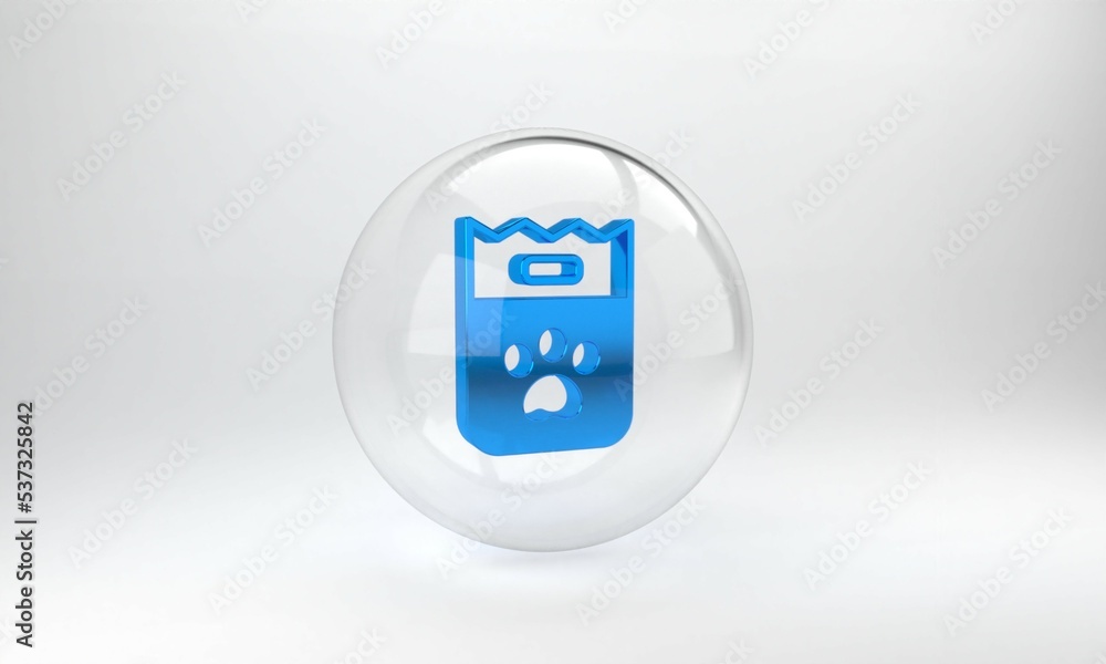 Blue Bag of food for dog icon isolated on grey background. Dog or cat paw print. Food for animals. P