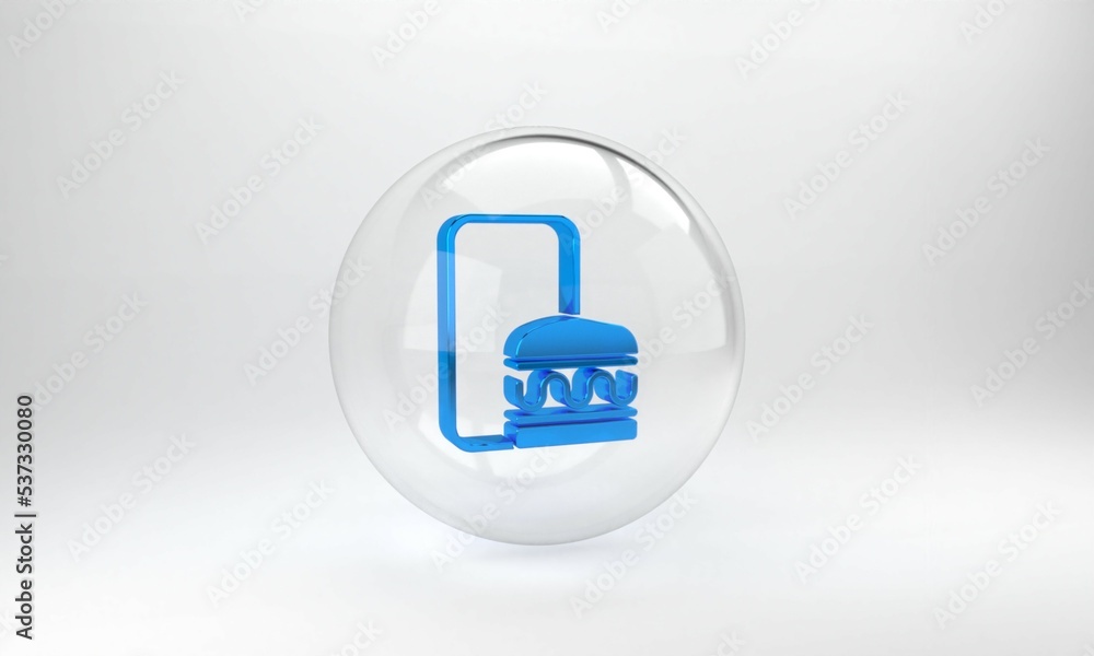 Blue Online ordering and fast food delivery icon isolated on grey background. Burger sign. Glass cir