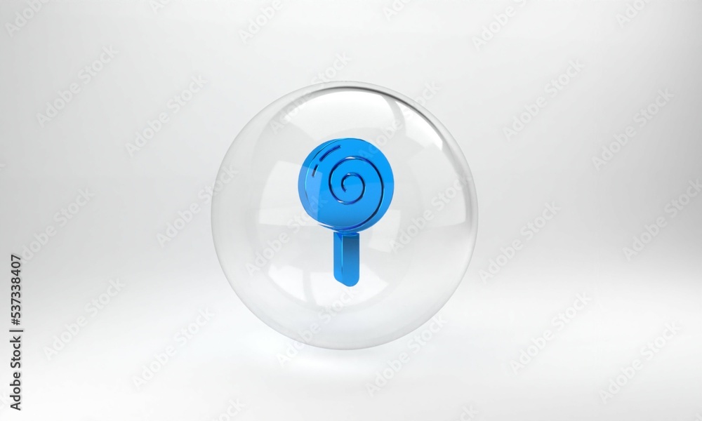 Blue Lollipop icon isolated on grey background. Food, delicious symbol. Glass circle button. 3D rend