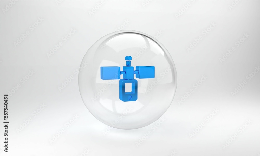 Blue Satellite icon isolated on grey background. Glass circle button. 3D render illustration