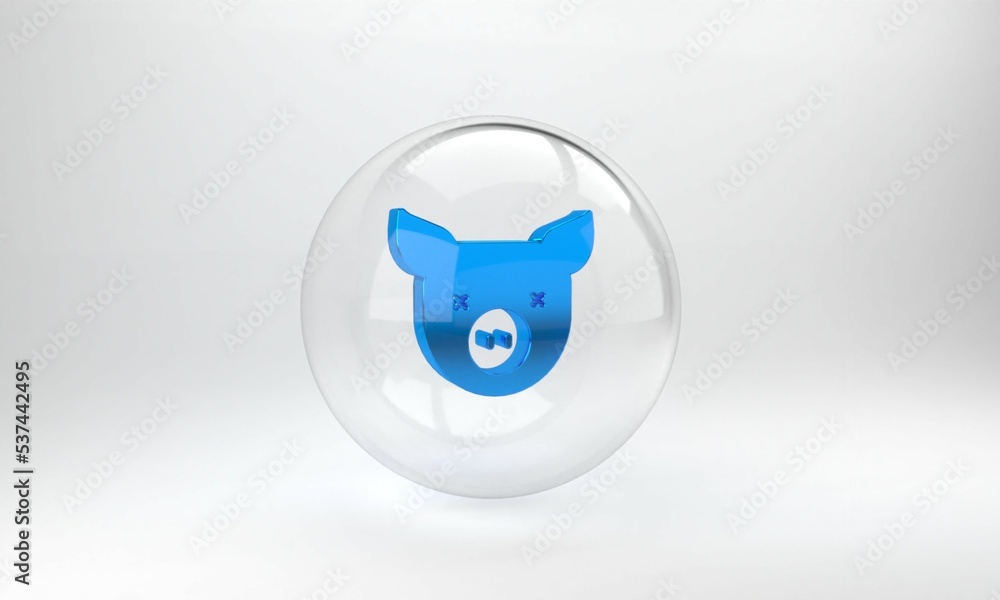 Blue Pig icon isolated on grey background. Animal symbol. Glass circle button. 3D render illustratio