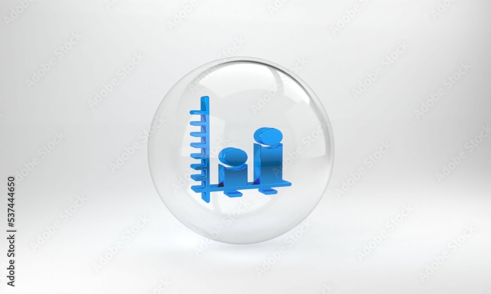 Blue Data analysis icon isolated on grey background. Glass circle button. 3D render illustration