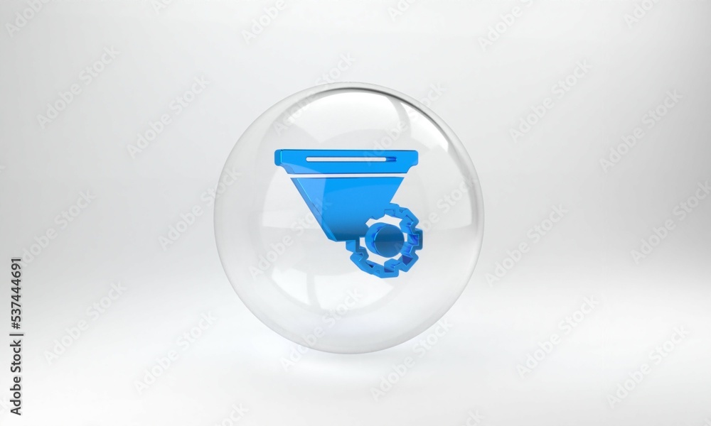 Blue Filter setting icon isolated on grey background. Glass circle button. 3D render illustration