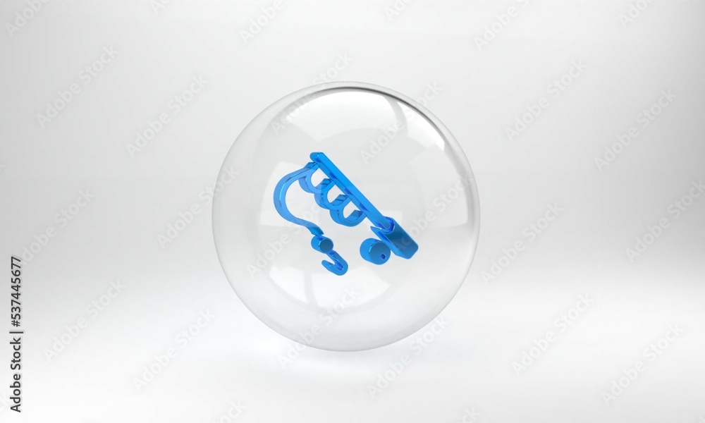 Blue Fishing rod icon isolated on grey background. Fishing equipment and fish farming topics. Glass 