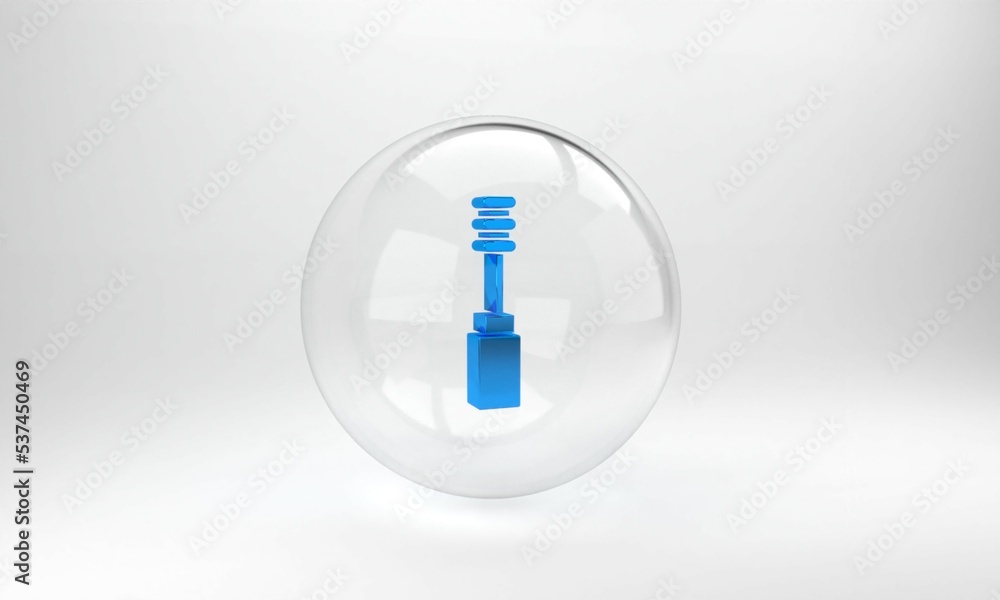 Blue Mascara brush icon isolated on grey background. Glass circle button. 3D render illustration