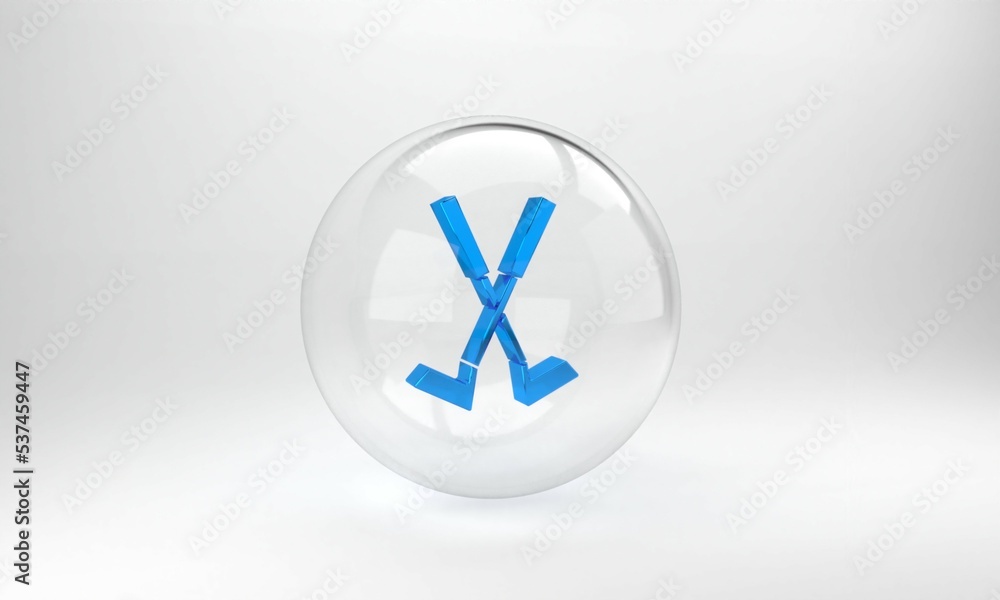 Blue Crossed golf club icon isolated on grey background. Glass circle button. 3D render illustration