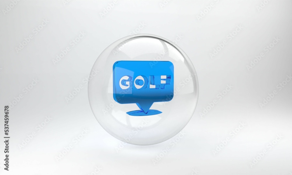 Blue Golf label icon isolated on grey background. Glass circle button. 3D render illustration