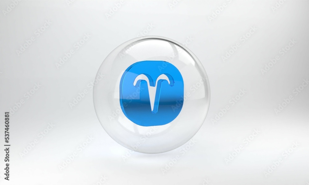 Blue Aries zodiac sign icon isolated on grey background. Astrological horoscope collection. Glass ci